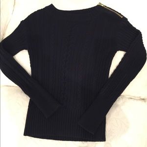 J crew navy cable knit sweater with zipper detail